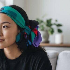 VTG 80s Vera Neumann Silk Scarf Headscarf Neckerchief Colorblock Bright 15x50”